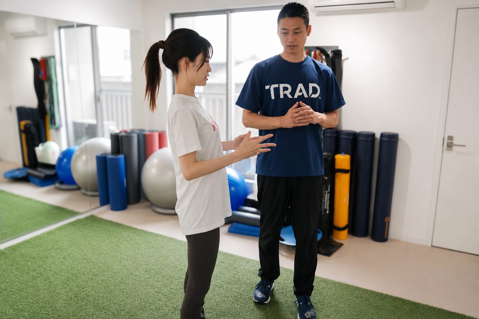 トレーナー中森允崇がお客様へ姿勢評価のフィードバックを行う様子｜TRAD 東海市・太田川