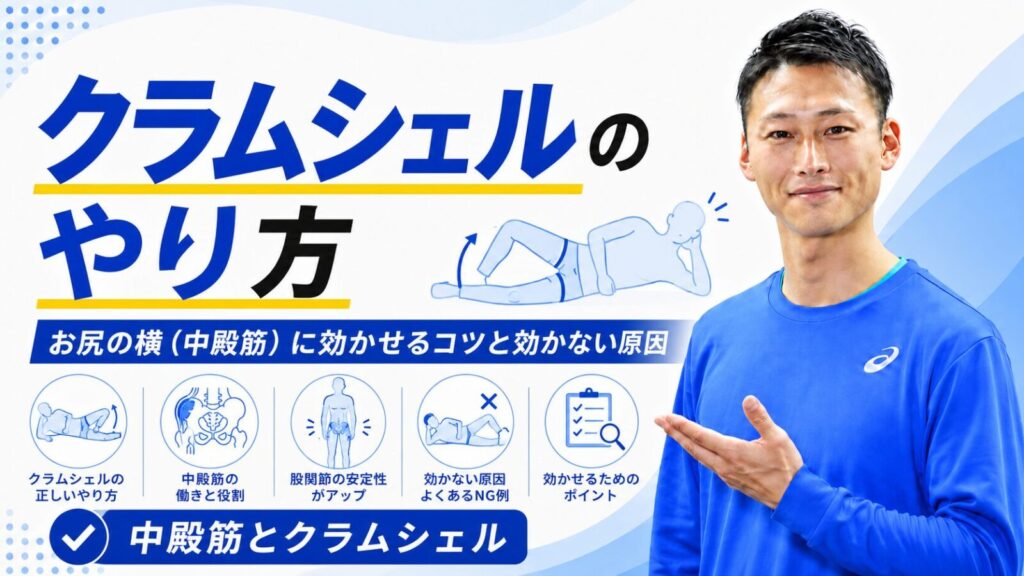 クラムシェルのやり方を解説する記事のサムネイル｜横向きに寝てお尻の横（中殿筋）を鍛えるエクササイズ｜東海市のパーソナルトレーニングジムTRAD