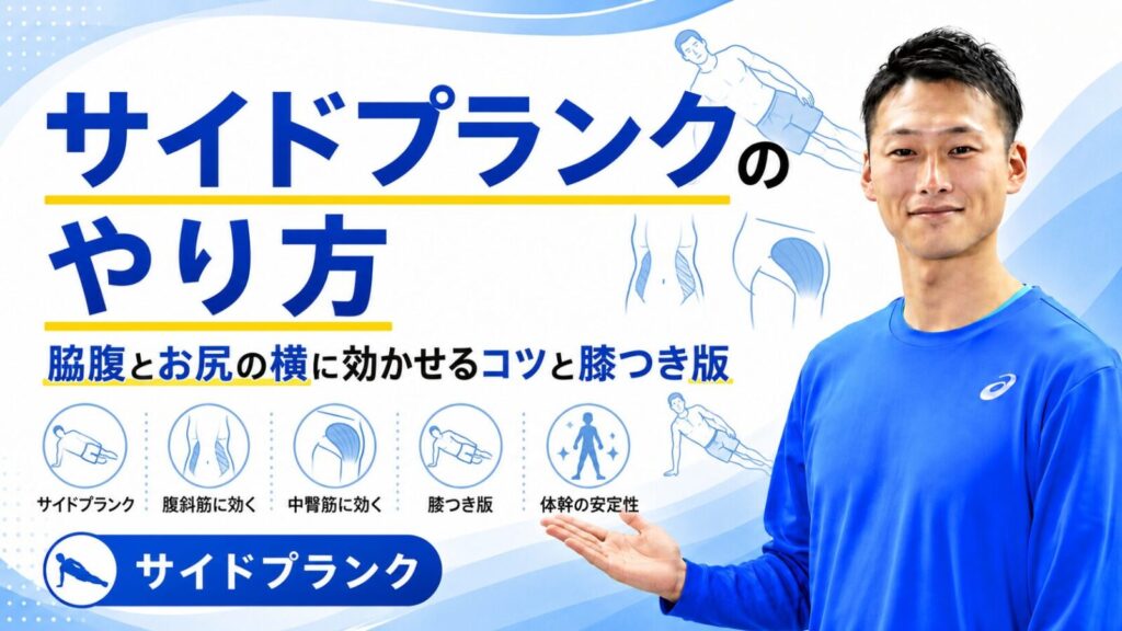 サイドプランクのやり方の記事サムネイル｜脇腹とお尻の横に効かせるコツと膝つき版｜東海市のパーソナルトレーニングジムTRAD