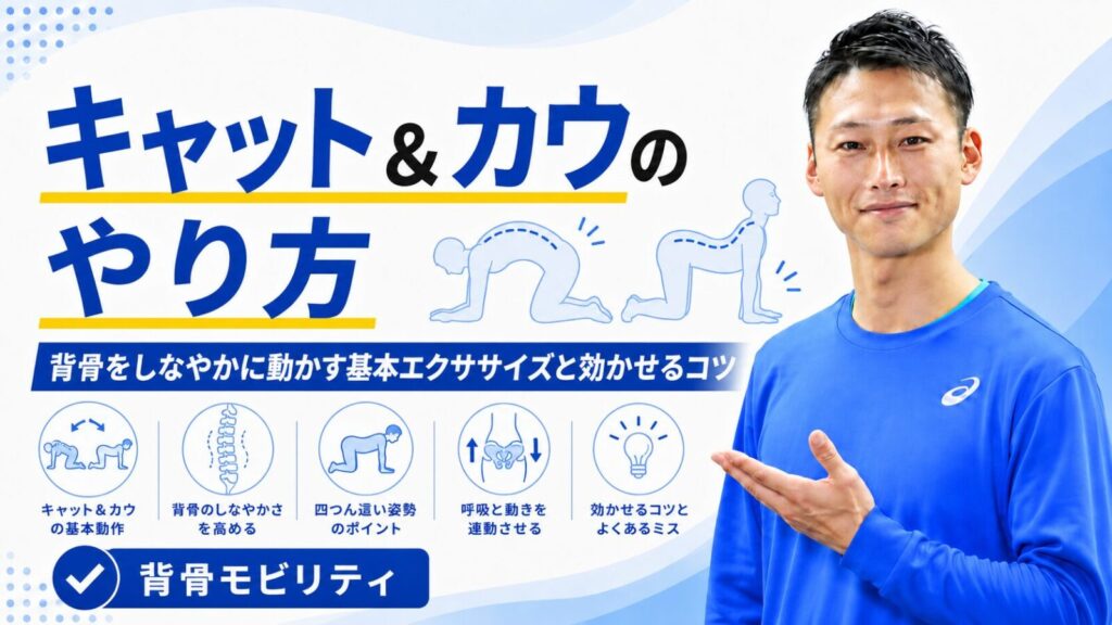 キャット＆カウのやり方を解説する記事のサムネイル｜四つ這いで背骨を丸める・反らせる基本エクササイズ｜東海市のパーソナルトレーニングジムTRAD