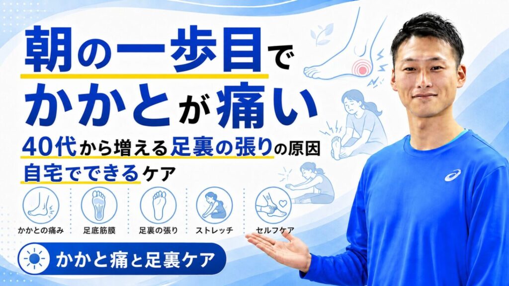 朝の一歩目でかかとが痛い原因を解説する記事サムネイル｜足裏の張りとセルフケア｜東海市のパーソナルトレーニングジムTRAD