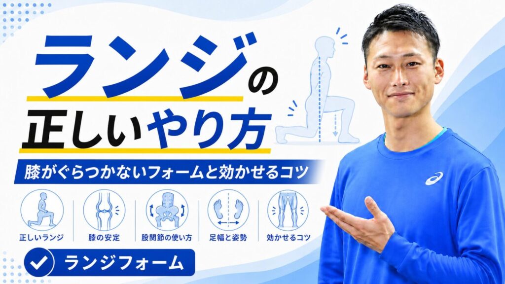 ランジの正しいやり方と膝がぐらつかないフォームのコツを解説する東海市のパーソナルジムTRADのブログサムネイル