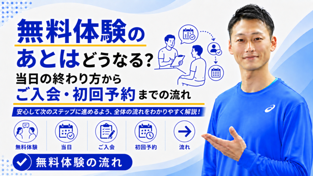 「無料体験のあとはどうなる？｜当日の終わり方からご入会・初回予約までの流れ」と書かれた記事のサムネイル｜東海市のパーソナルトレーニングジムTRAD