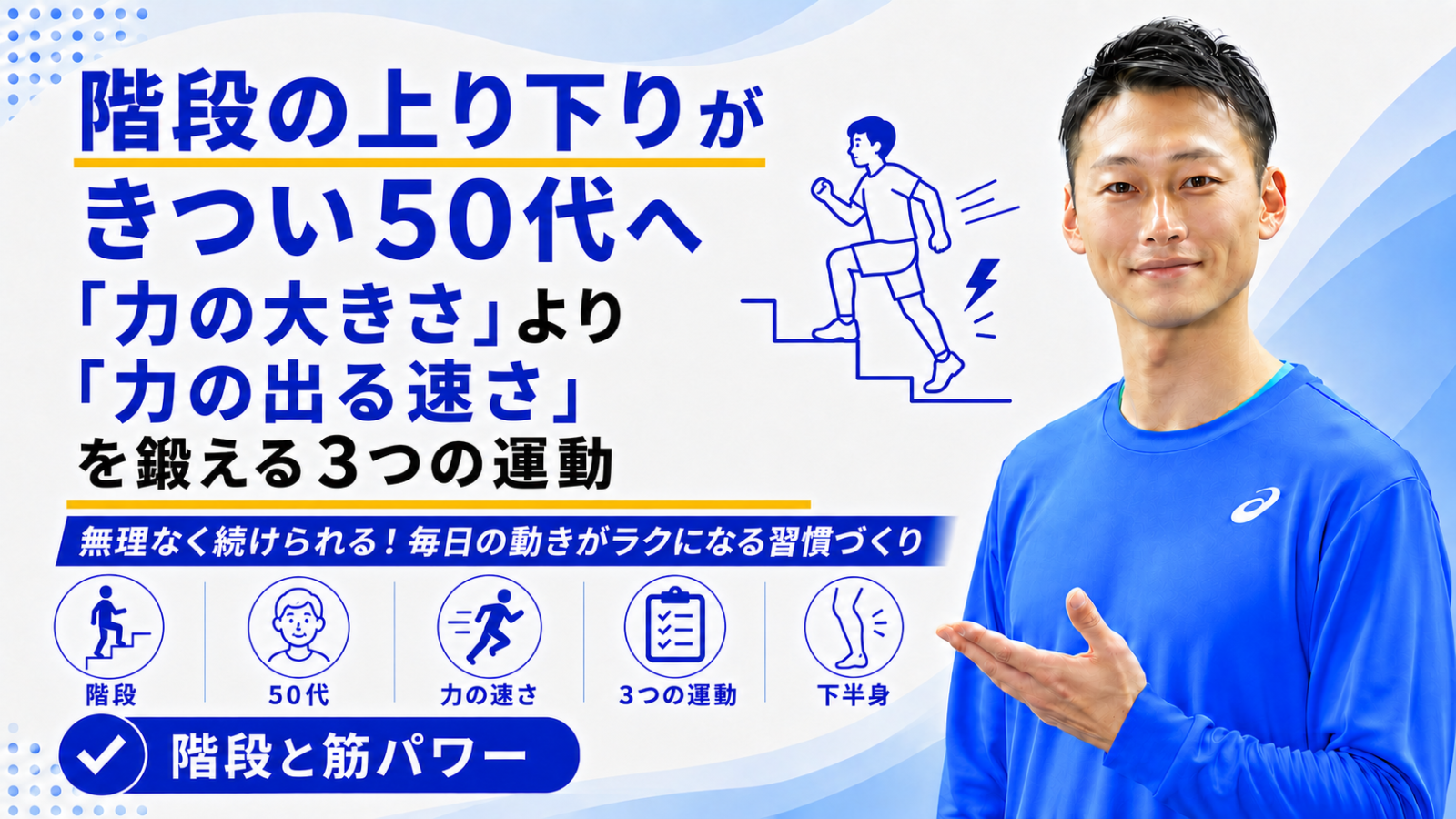 「階段の上り下りがきつい50代へ|『力の大きさ』より『力の出る速さ』を鍛える3つの運動」と書かれた記事のサムネイル|東海市のパーソナルトレーニングジムTRAD