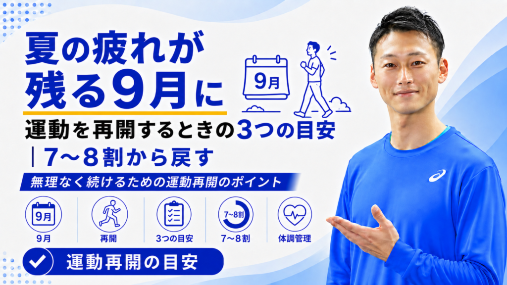 「夏の疲れが残る9月に運動を再開するときの3つの目安｜7〜8割から戻す」と書かれた記事のサムネイル｜東海市のパーソナルトレーニングジムTRAD