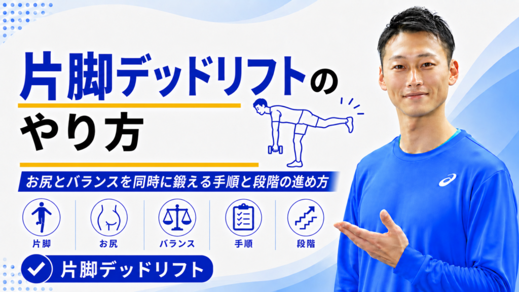 「片脚デッドリフトのやり方｜お尻とバランスを同時に鍛える手順と段階の進め方」と書かれた記事のサムネイル｜東海市のパーソナルトレーニングジムTRAD