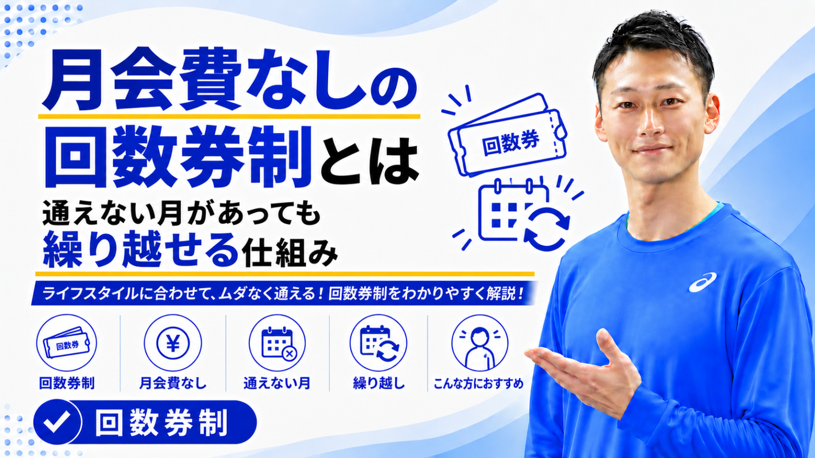 「月会費なしの回数券制とは|通えない月があっても繰り越せる仕組み」と書かれた記事のサムネイル|東海市のパーソナルトレーニングジムTRAD