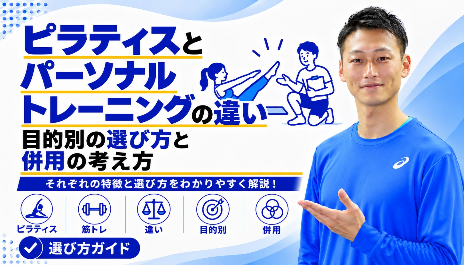 「ピラティスとパーソナルトレーニングの違い|目的別の選び方と併用の考え方」と書かれた記事のサムネイル|東海市のパーソナルトレーニングジムTRAD