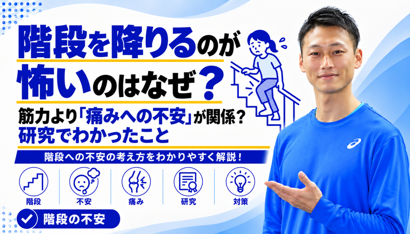 「階段を降りるのが怖いのはなぜ?|筋力より痛みへの不安で説明できたという研究」と書かれた記事のサムネイル|東海市のパーソナルトレーニングジムTRAD
