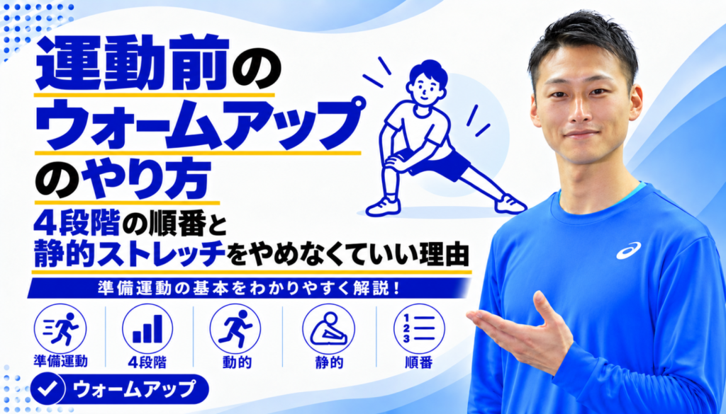 「運動前のウォームアップのやり方｜4段階の順番と、静的ストレッチをやめなくていい理由」と書かれた記事のサムネイル｜東海市のパーソナルトレーニングジムTRAD