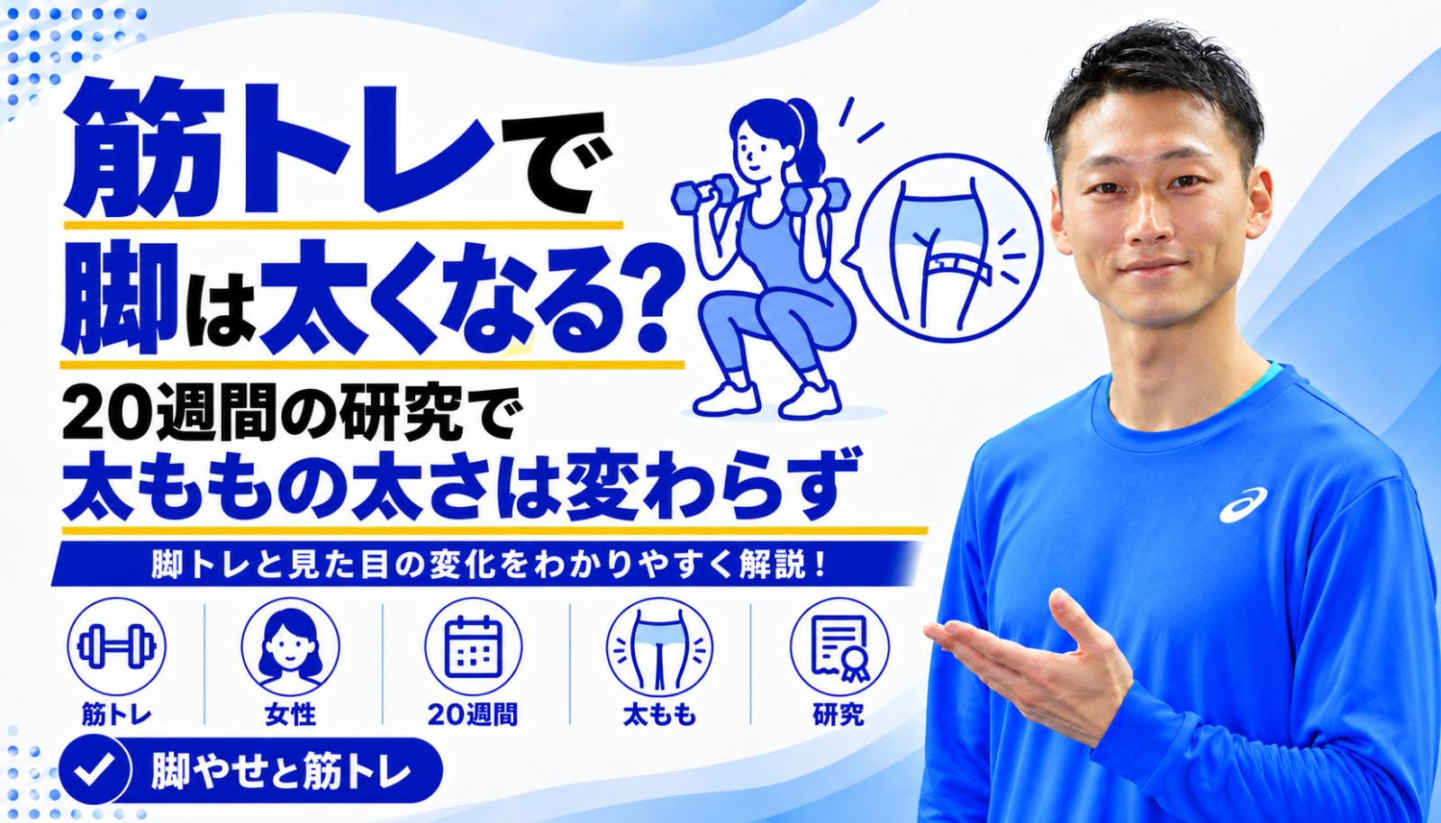 「筋トレで脚は太くなる?|20週間続けた女性24名で、太ももの太さは変わりませんでした」と書かれた記事のサムネイル|東海市のパーソナルトレーニングジムTRAD