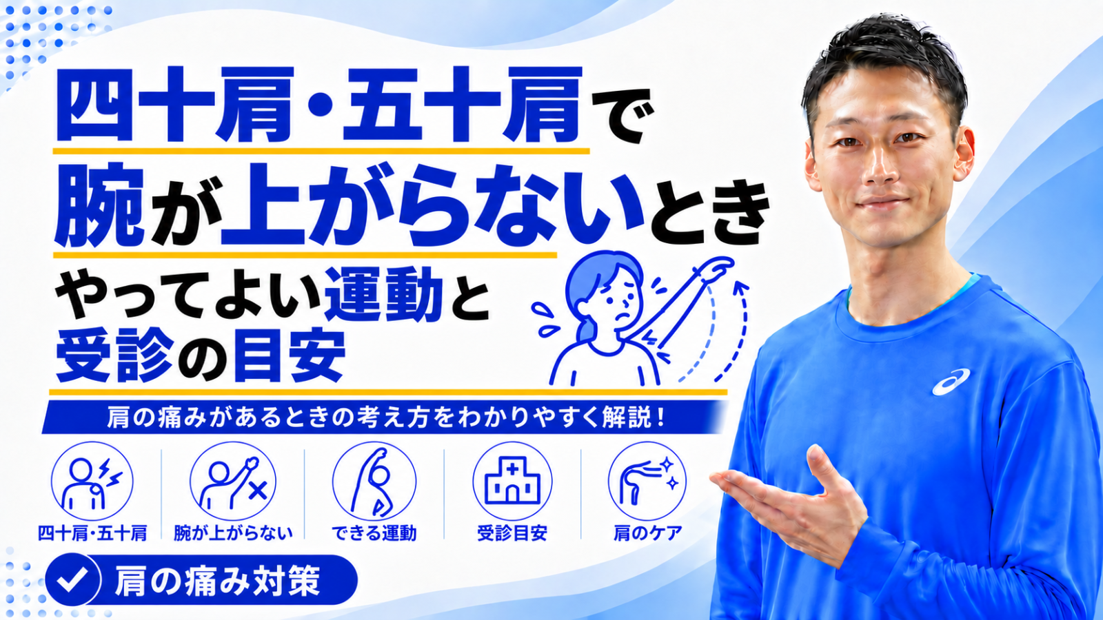 「四十肩・五十肩で腕が上がらないとき|やってよい運動と、受診の目安」と書かれた記事のサムネイル|東海市のパーソナルトレーニングジムTRAD