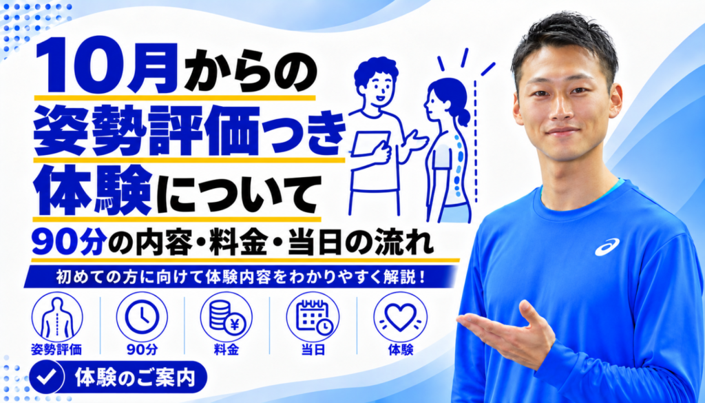 「10月からの姿勢評価つき体験について｜90分の内容・料金・当日の流れ」と書かれた記事のサムネイル｜東海市のパーソナルトレーニングジムTRAD