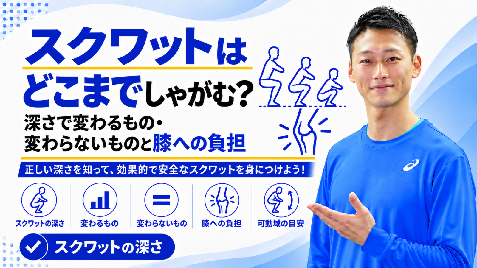 「スクワットはどこまでしゃがむ？｜深さで変わるもの・変わらないものと膝への負担」と書かれた記事のサムネイル｜東海市のパーソナルトレーニングジムTRAD
