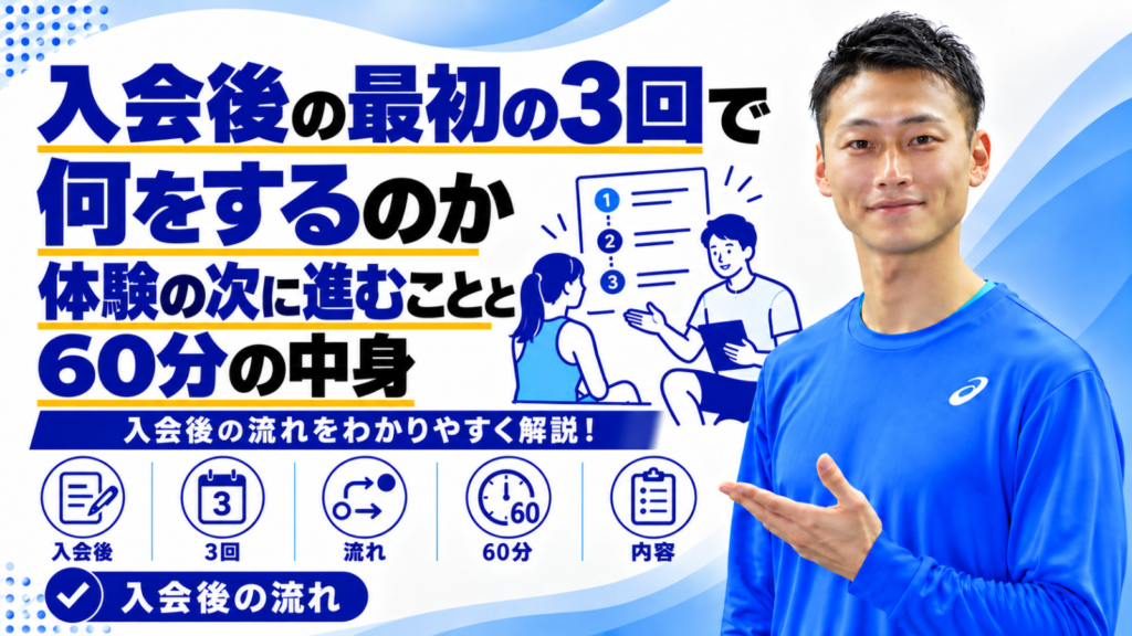 入会後の最初の3回のセッション内容を解説する記事のサムネイル。東海市のパーソナルトレーニングジムTRAD