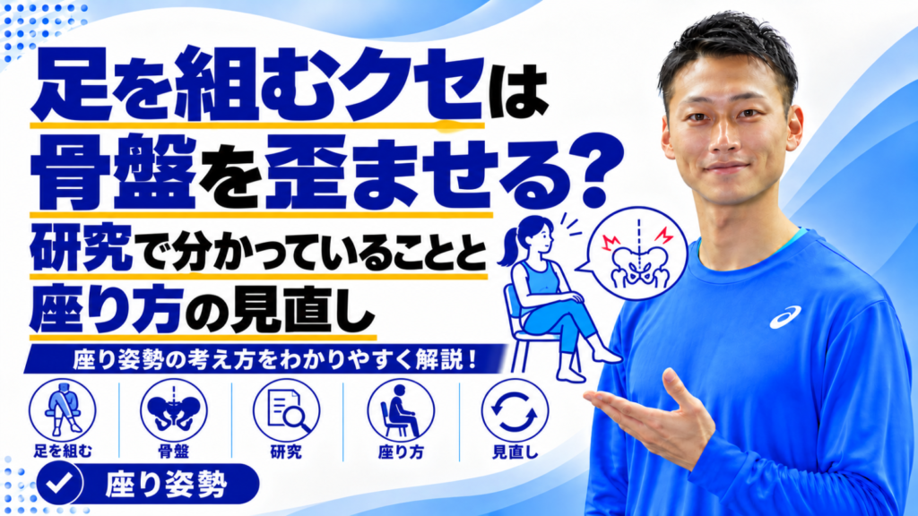 足を組むクセと骨盤の歪みの関係を解説する記事のサムネイル。東海市のパーソナルトレーニングジムTRAD
