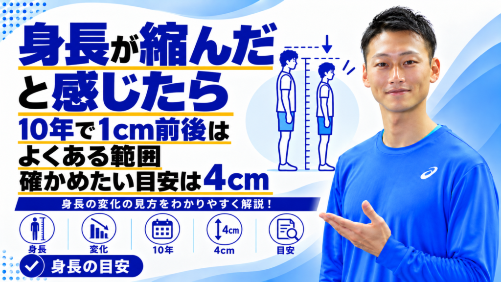 加齢による身長の低下の原因と受診の目安を解説する記事のサムネイル。東海市のパーソナルトレーニングジムTRAD
